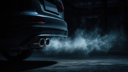 Close-up of a car exhaust pipe releasing smoke in a dark parking lot, creating a dramatic effectの素材