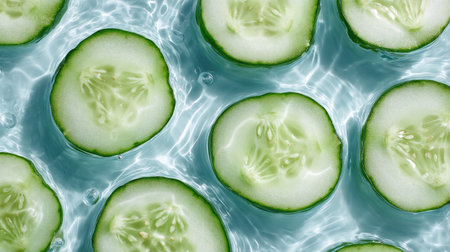 Clean and crisp image of cucumber slices arranged evenly on the surface of still water, overhead perspectiveの素材
