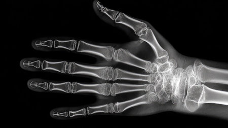 Close-up of a diagnostic X-ray image showing the skeletal structure of a hand and wrist in grayscaleの素材