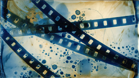 Close-up of photographic negative film with visible sprocket holes and reversed imagesの素材