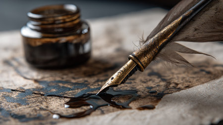 Close-up of a vintage feather pen dipped in a glass inkwell, parchment paper underneath with ink stainsの素材