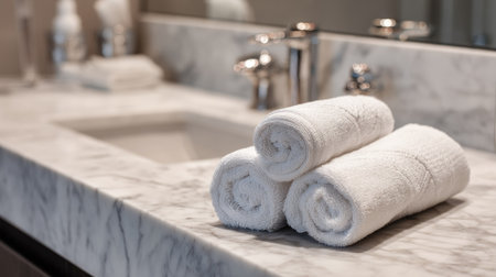Close-up of neatly rolled white towels on a marble countertop beside a sink in a luxury bathroomの素材