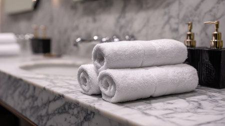 Close-up of neatly rolled white towels on a marble countertop beside a sink in a luxury bathroomの素材