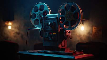 Classic reel-to-reel film projector running in a dark room with cinematic atmosphereの素材