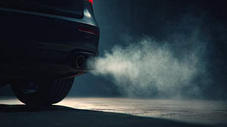 Close-up of a car exhaust pipe releasing smoke in a dark parking lot, creating a dramatic effectの素材