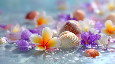Brightly colored beach shells floating beside flower blossoms in a tranquil spa settingの素材