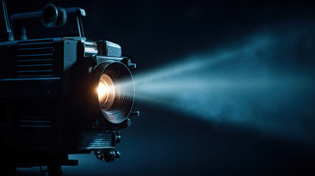 Close-up of a modern movie projector lens glowing in the dark, projecting a film onto the wallの素材