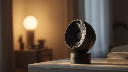 Black Bluetooth loudspeaker on a minimalist desk with soft lighting in the backgroundの素材