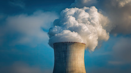 Close-up of a single massive power station chimney with smoke billowing upward, blue sky with light cloudsの素材