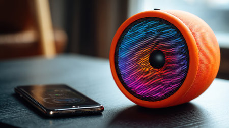 Close-up of a portable modern loudspeaker with vibrant color, resting on a table next to a smartphoneの素材