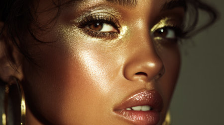 Glamorous portrait of a woman with metallic gold eyeshadow, glossy lips, and flawless skin under dramatic lightingの素材