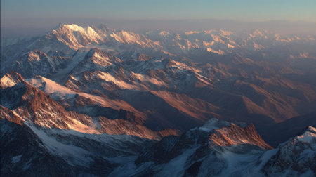 Early morning light casting long shadows on snow-capped mountain peaks, as the first rays of sunlight touch the landscapeの素材