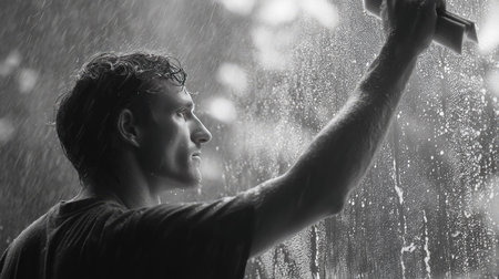 Action shot of a man swiping a squeegee across a soapy window with foam trailing behindの素材