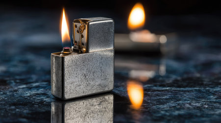 Classic Zippo-style lighter with flame burning steady, reflected in mirrored surface belowの素材