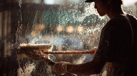 Action shot of a man swiping a squeegee across a soapy window with foam trailing behindの素材