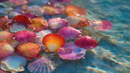 A mix of bright pink, orange, and blue seashells suspended on the surface of a tropical lagoonの素材