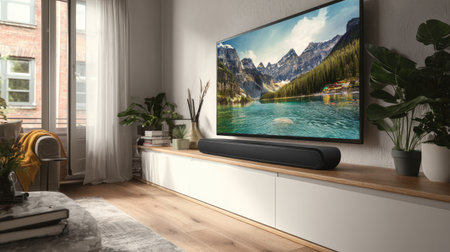 Close-up of a soundbar speaker beneath a TV screen in a modern living room settingの素材