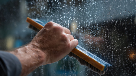 Close-up of a man's hand holding a squeegee, wiping down a glass window with visible dropletsの素材