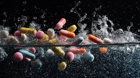 Abstract image of various medicines and water flying together, high-speed photography with sharp detailsの素材