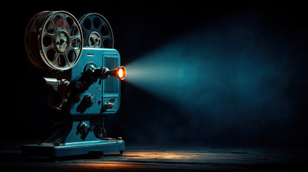 Classic reel-to-reel film projector running in a dark room with cinematic atmosphereの素材