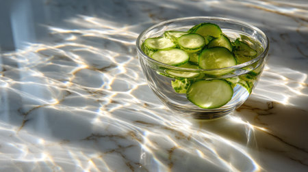 Transparent bowl with floating cucumber slices, reflected light patterns dancing on a marble countertopの素材