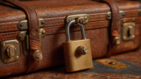 A padlock locked onto a vintage suitcase, evoking a sense of mystery and travel securityの素材
