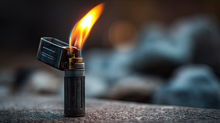 Wind-resistant lighter emitting a strong jet flame, captured outdoors with soft natural background blurの素材
