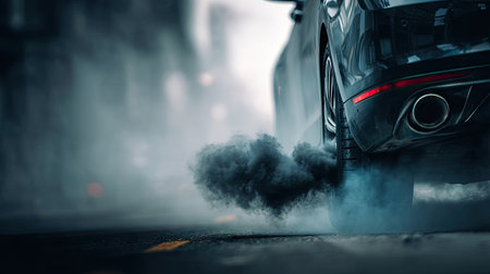 Vehicle emitting black smoke from the exhaust pipe, with a focus on the engine's performance issuesの素材