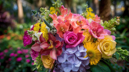 Vibrant bouquet of fresh flowers with a variety of shapes and textures in an outdoor garden settingの素材