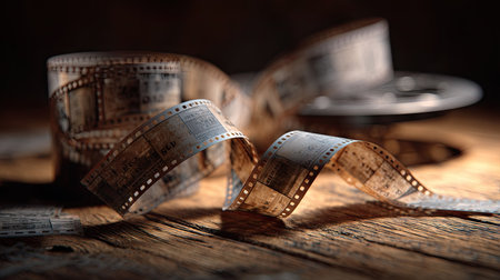 Vintage film negatives unspooled and curled loosely on a wooden surface with soft lightingの素材