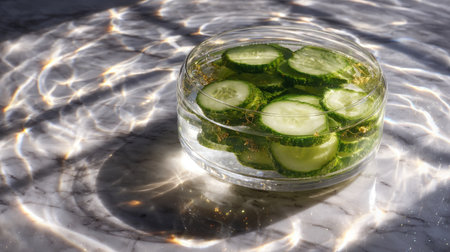Transparent bowl with floating cucumber slices, reflected light patterns dancing on a marble countertopの素材