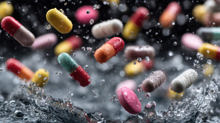 Variety of pills suspended mid-air with water splashing around, representing drug interaction and fluidityの素材