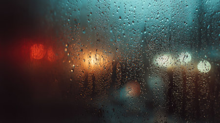 Wet window glass with dense dew drops and blurred raindrops flowing down the surfaceの素材
