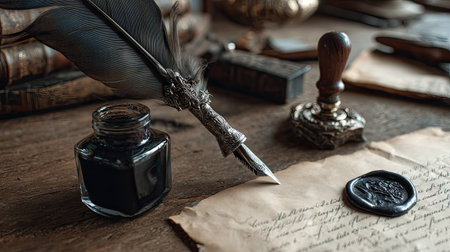 Writing setup with feather pen dipped in ink bottle, next to an open letter and wax seal stampの素材