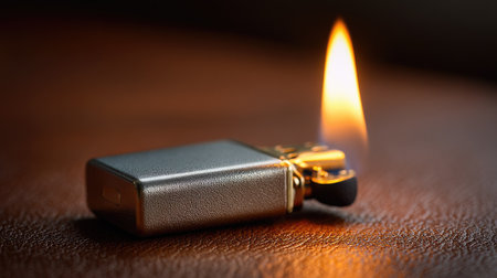 Warm-toned studio shot of a lighter ignited on a leather surface, close-up of the flame tipの素材