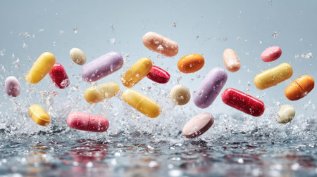 Variety of pills suspended mid-air with water splashing around, representing drug interaction and fluidityの素材