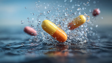 Water splash enveloping floating pills, symbolic of dissolving medication or fast-acting reliefの素材