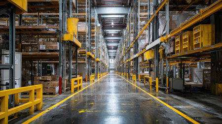 View down a warehouse aisle with tall shelving and clear paths for logistics operationsの素材