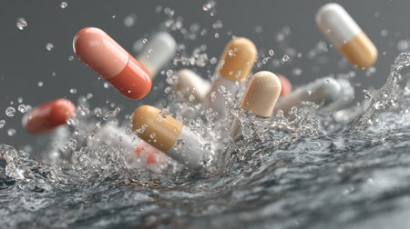 Water splash enveloping floating pills, symbolic of dissolving medication or fast-acting reliefの素材