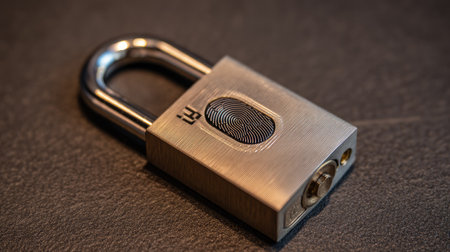 A padlock with a fingerprint scanner, symbolizing advanced security technology in a modern workspaceの素材