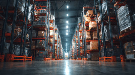 Warehouse interior showing rows of high metal shelving units stacked with inventoryの素材