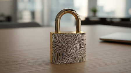 A padlock with a fingerprint scanner, symbolizing advanced security technology in a modern workspaceの素材