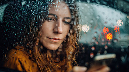 Woman sitting in a parked car during a rainy day, using smartphone with raindrops on windowsの素材