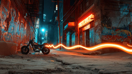 Biker trail lines zooming past a gritty urban alleyway with neon reflections and glowing graffitiの素材