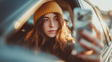 Woman holding phone in selfie mode, recording a vlog or video message while parked in the carの素材