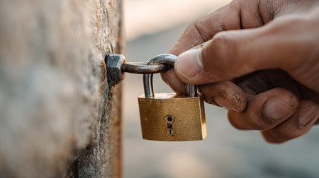A hand gripping a small, gold-colored padlock with a shiny finish, about to secure it to a postの素材
