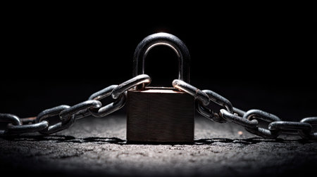 A heavy-duty steel padlock with a shiny surface secured to a chain, under direct light for emphasisの素材
