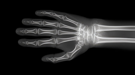 Zoomed-in X-ray image of wrist bones showing alignment and spacing of the carpal bonesの素材