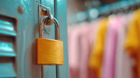 A single, brightly-colored padlock locked onto a locker door with a blurred background, highlighting personal belongings securityの素材
