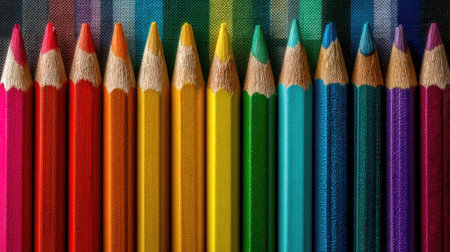 A rainbow of colored pencils arranged in a straight line, placed on a canvas for a bright, artistic effectの素材